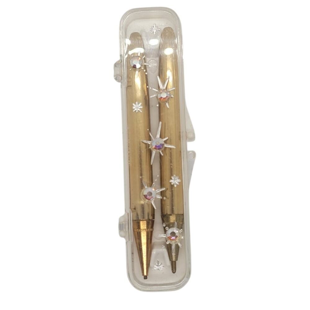 Mid Century Atomic Pen Set‎ Gold Star Rhinestone Clear Case Statement Piece